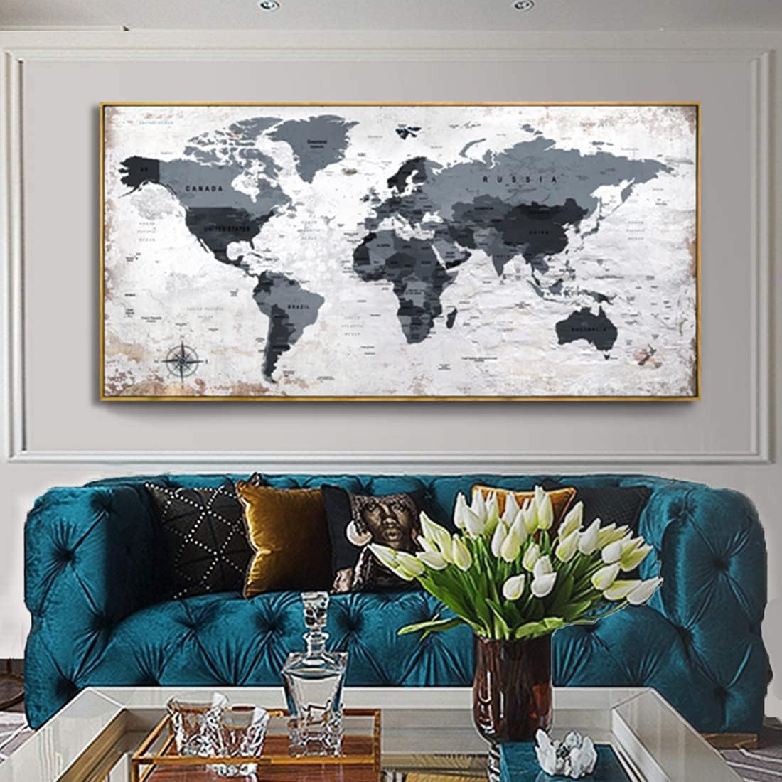 Framed wall art World Map Wall Art Canvas Picture 30inchx60inch Large Black and white Map of The World Canvas Painting Artwork Prints for Office Wall Decor Home Living Room Decorations Framed Ready to Hang