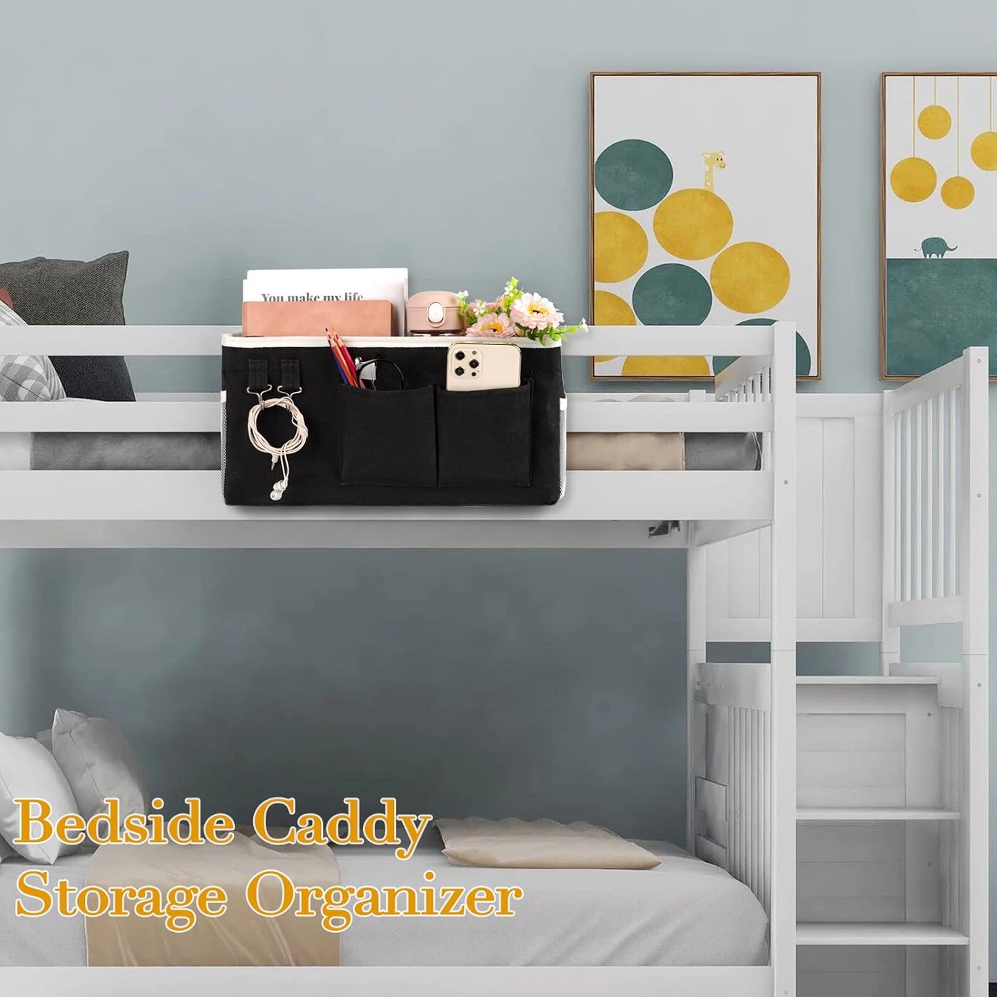 Bedside Storage Caddy/Bedside Hanging Storage Bag for Headboards Bunk Beds Dorm Rooms Book Phone Magazine Holder (2PC Black)