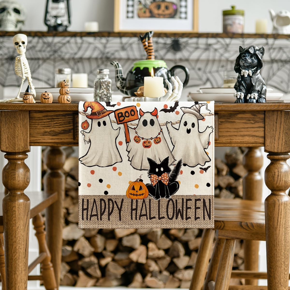 Artoid Mode Beige Ghost Jack-O'-Lantern Black Cat Halloween Table Runner,Holiday Kitchen Dining Table Decoration for Home Party Decor 13 x 90 Inch