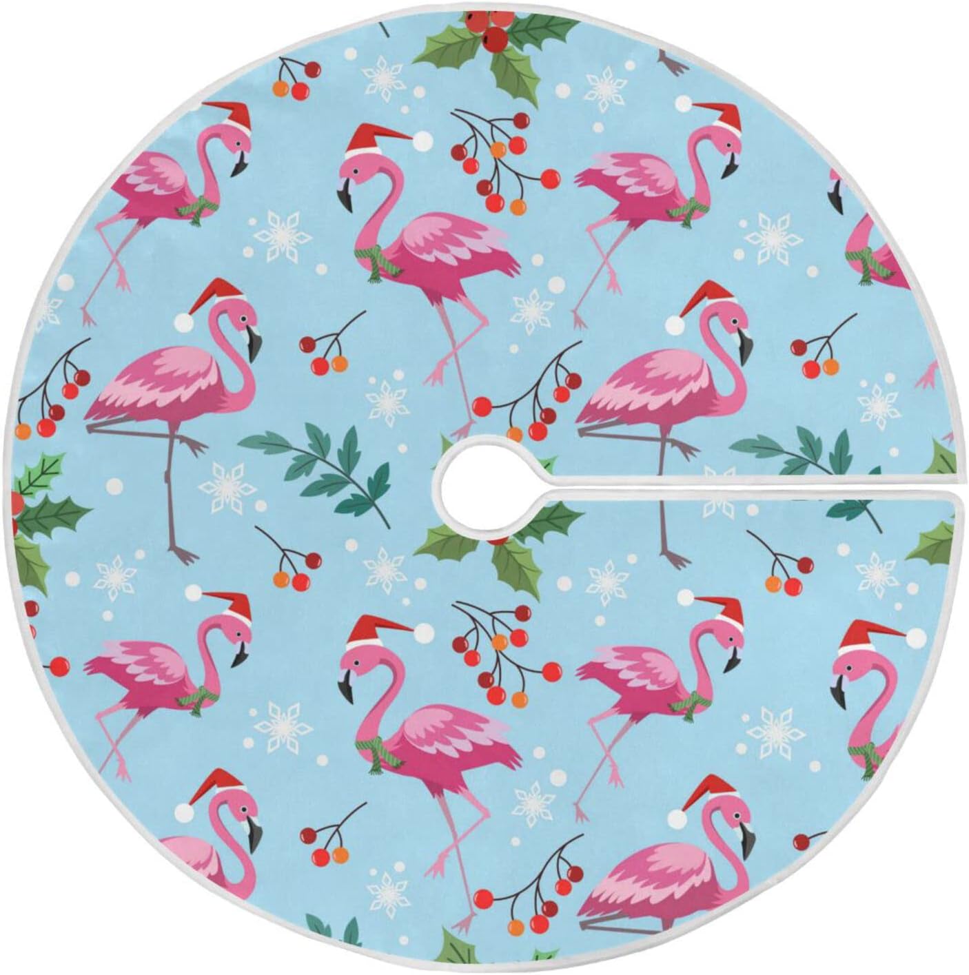 Christmas Flamingo Snowflake Tree Skirt, Seasonal Tree Mat Holiday Party Supplies Ornaments Indoor Outdoor Decorations for Tabletop Trees 35.4 Inches