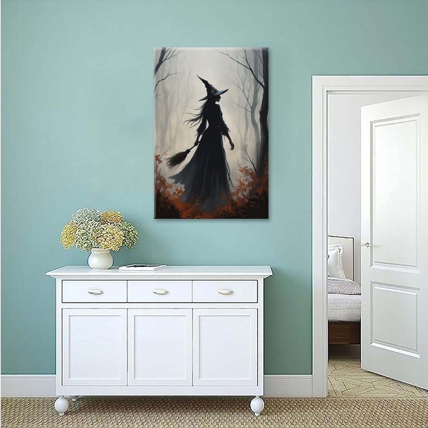 Vintage forest witch silhouette poster Halloween mural poster decoration mural art magic suitable for home living room bedroom8x12in Wood Framed