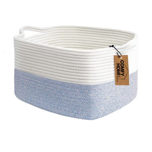 COMFY-HOMI Cotton Rope Woven Basket with Handles for shelf，Toy, Book, Cloth Storage Basket for Organizing-13.5"X11"X9.5" Storage Bin for Living Room, Newborn or Infant Gift for boy girl （White/blue）
