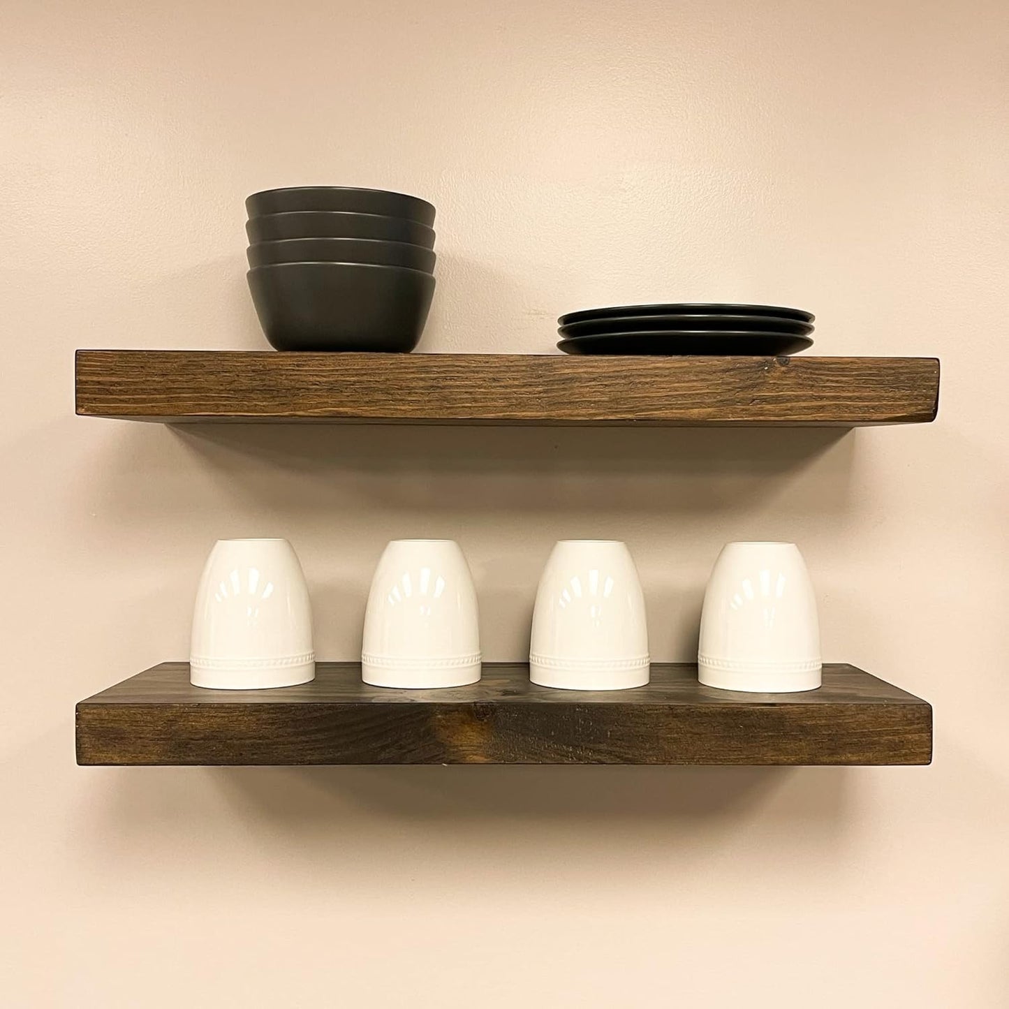 URBANDI, Rustic Floating Shelves, Set of 2, Hidden Bracket, Solid Wood, Heavy Duty, Wall Mounted Shelves, (Dark Brown, 12Wx6D)