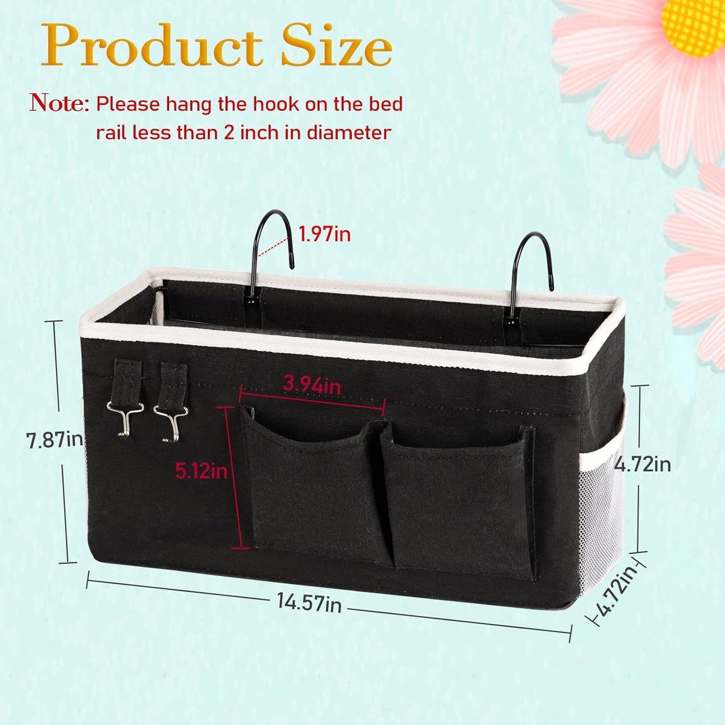 Bedside Storage Caddy/Bedside Hanging Storage Bag for Headboards Bunk Beds Dorm Rooms Book Phone Magazine Holder (2PC Black)