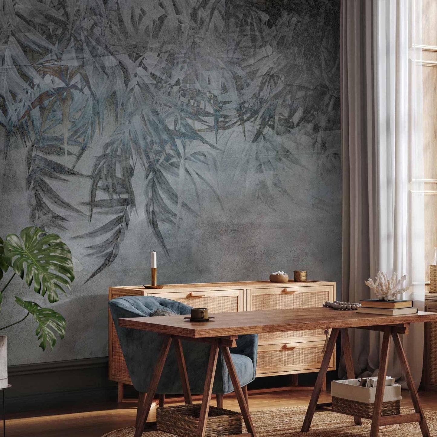 artgeist Wall Mural Leaves 118x83 in - XXL Non-Woven Wallpaper Fleece Wall Decor Photo Print Picture Image Design Palm Leaves Concrete Nature Grey b-C-10103-a-a