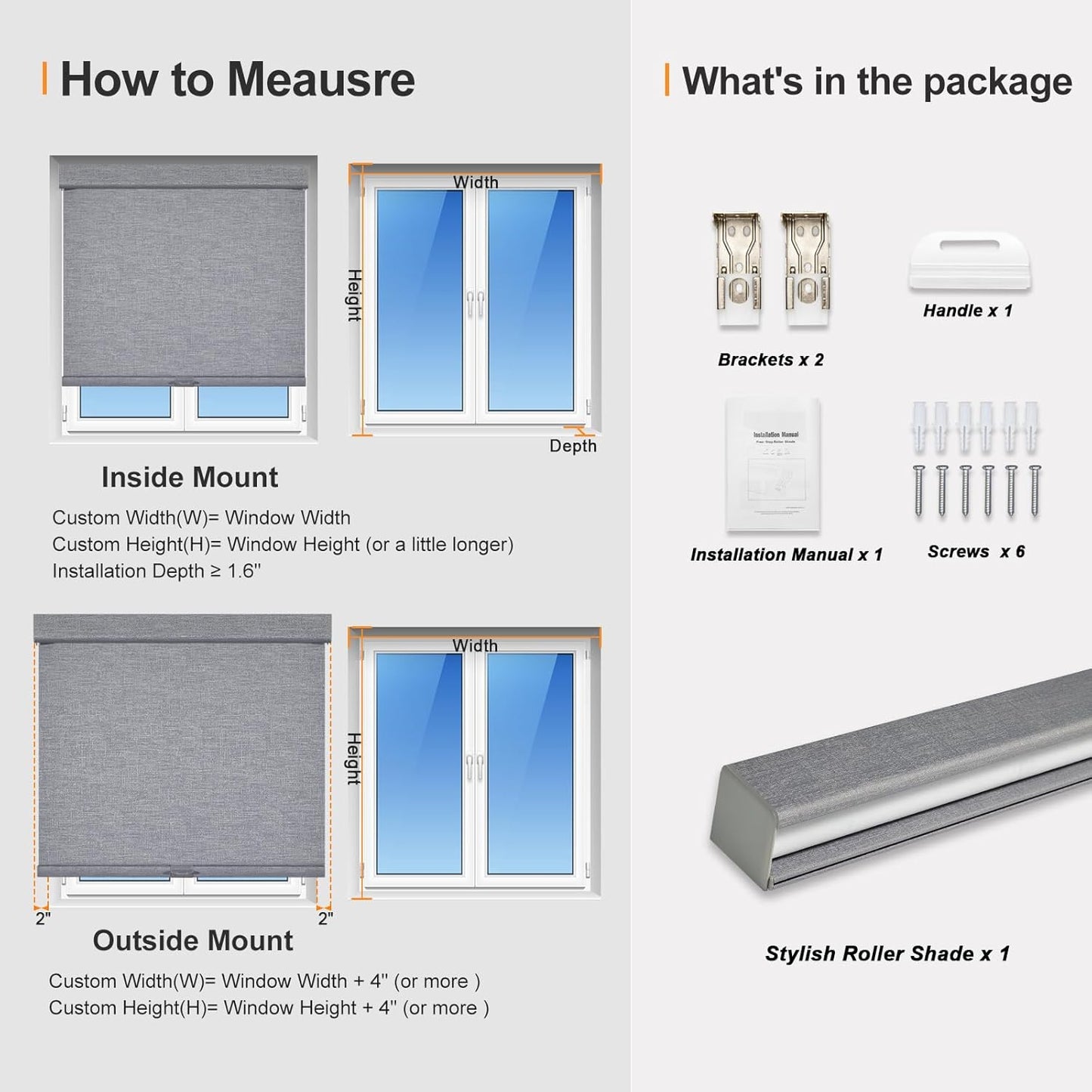 Persilux Blackout Roller Shades for Indoor Windows with Upgraded Cassette, Cordless Shades Window Blinds Pull Down for Doors, Easy to Install for Office/Living Room/Bedroom, Grey(15" W x 48" H)