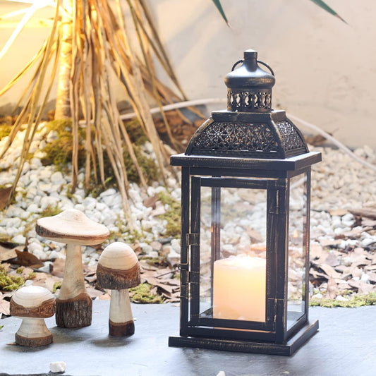 DECORKEY Lanterns Decorative Indoor&Outdoor, 14.4'' Large Black Square Hanging Lanterns, Vintage Metal Candle Holder for Outdoor Patio Front Door Porch Wedding Party Decor