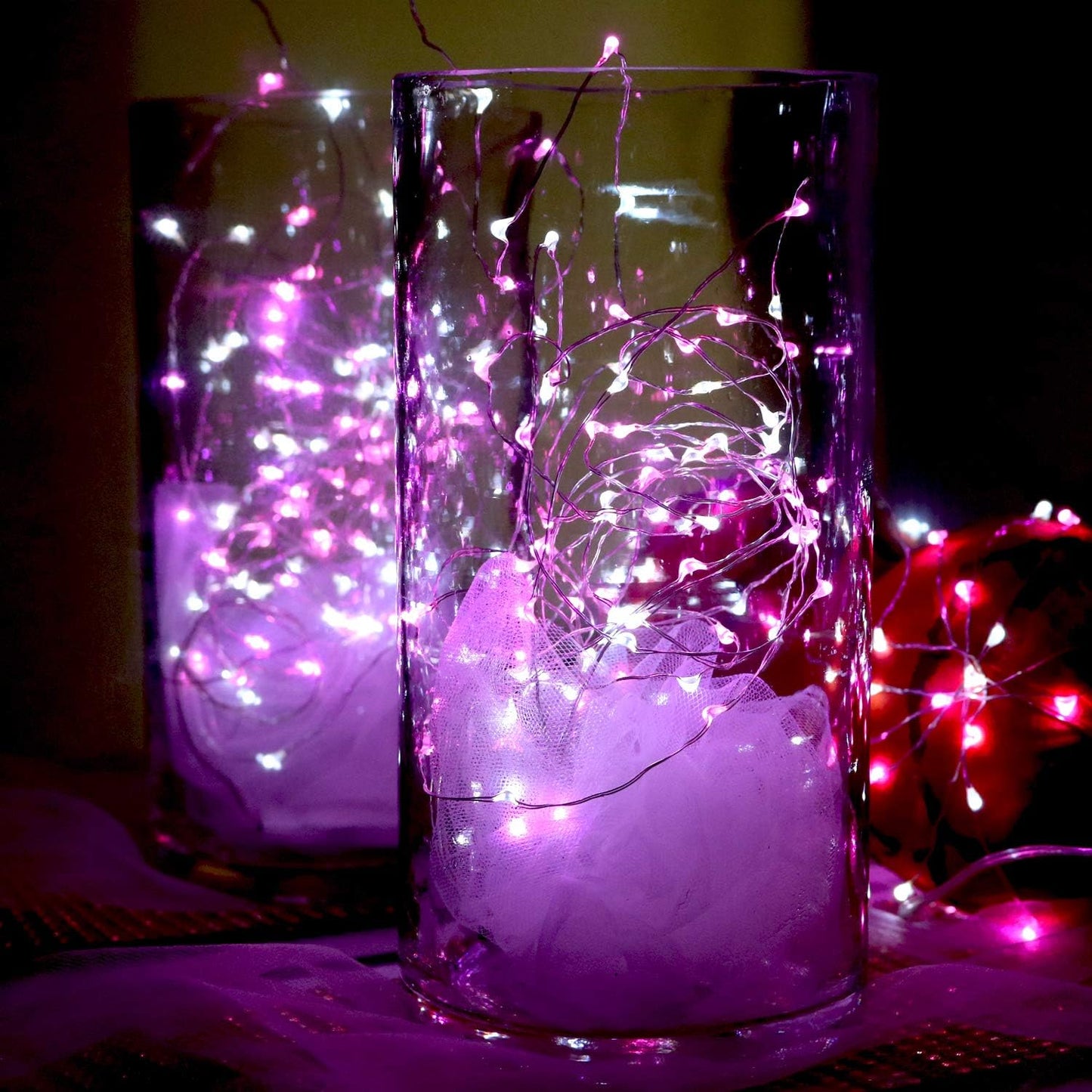 [6-Pack] 7Feet Starry String Lights,Fairy String Lights 20 Micro Starry LEDs On Silvery Copper Wire CR2032 Batteries Included,for Wedding Centerpiece,Party,Christmas Table Decor (Pink White)