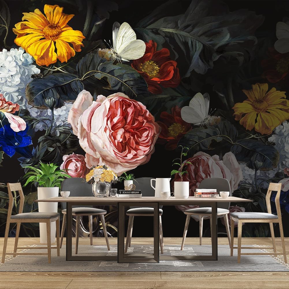 Vintage Black Flowers Mural Bedroom Peony Floral Wallpaper Room Decor Living Room tv Background Large Wall Mural - 91"x65" (Not Peel and Stick)