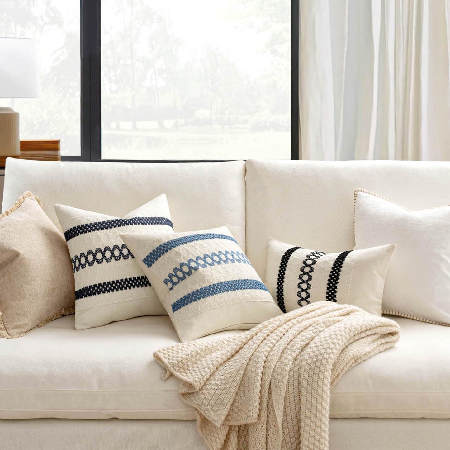 MIULEE Set of 2 Navy Blue Boho Decorative Lumbar Pillow Covers 12x20 Inch Farmhouse Rustic Couch Throw Pillows Modern Cotton Cushion Covers Retro Cute Macrame Woven Home Decor for Bed Sofa Chair