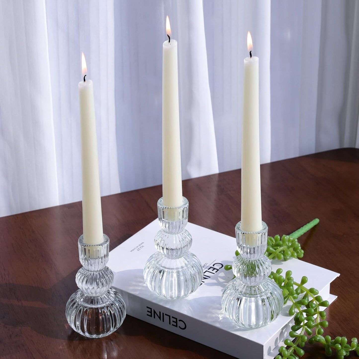 Woho Clear Taper Candle Holders 4.3" H Set of 3 for Wedding Table, Ribbed Glass Candlestick Holders for Daily Home Decor, Vintage Candle Sticks Holder Decor for Thanksgiving Christmas