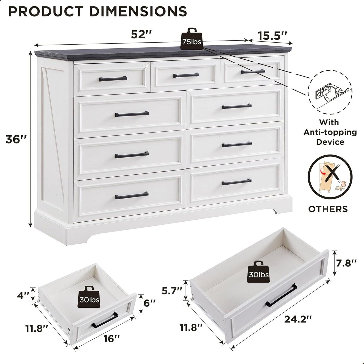 Farmhouse 9 Drawer Dresser for Bedroom, 36 Inch Tall Modern Dresser TV Stand with Large Drawers & Bar Handles, Rustic Wood Chest of Drawers for Bedroom, Living Room, Hallway, Off White