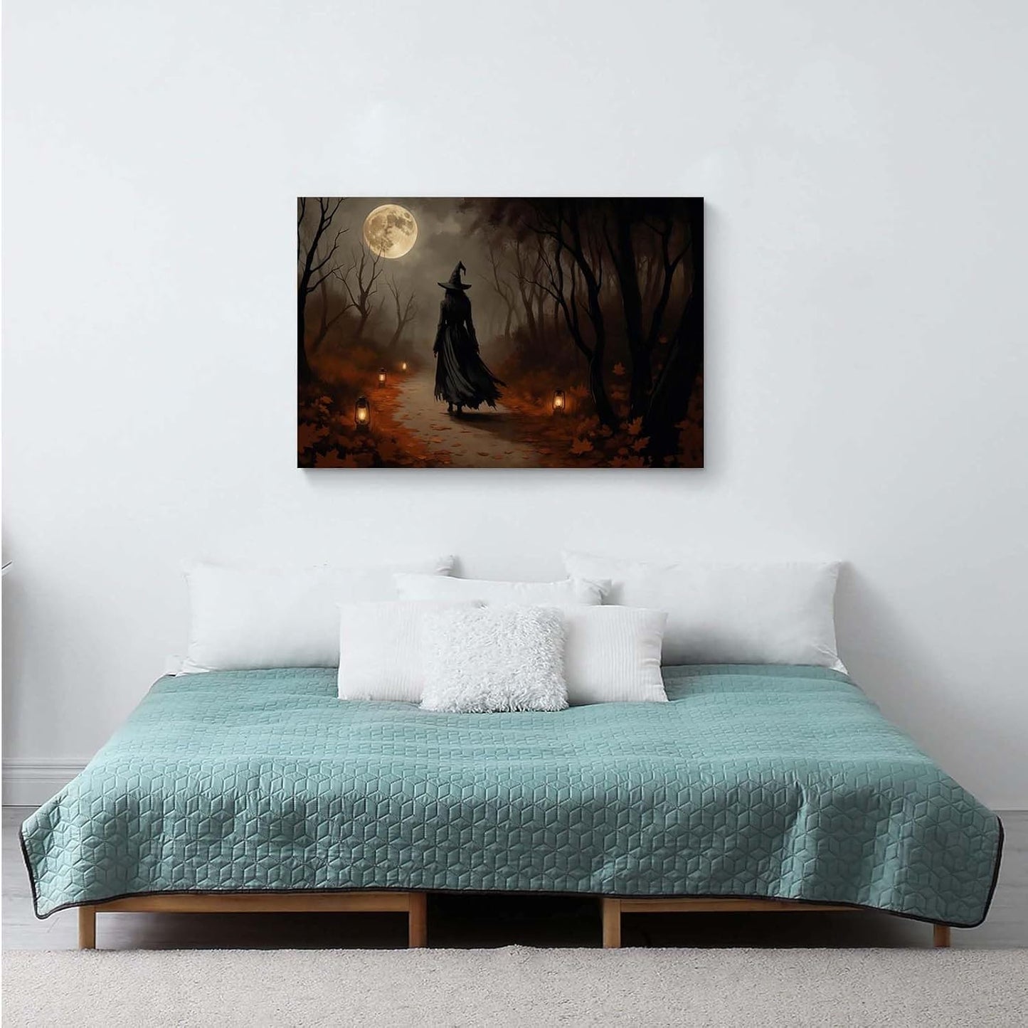 Moonlight witch poster dim lantern Halloween decoration Gothic style dark retro college style canvas wall art suitable for living room bedroom8x12in Wood Framed