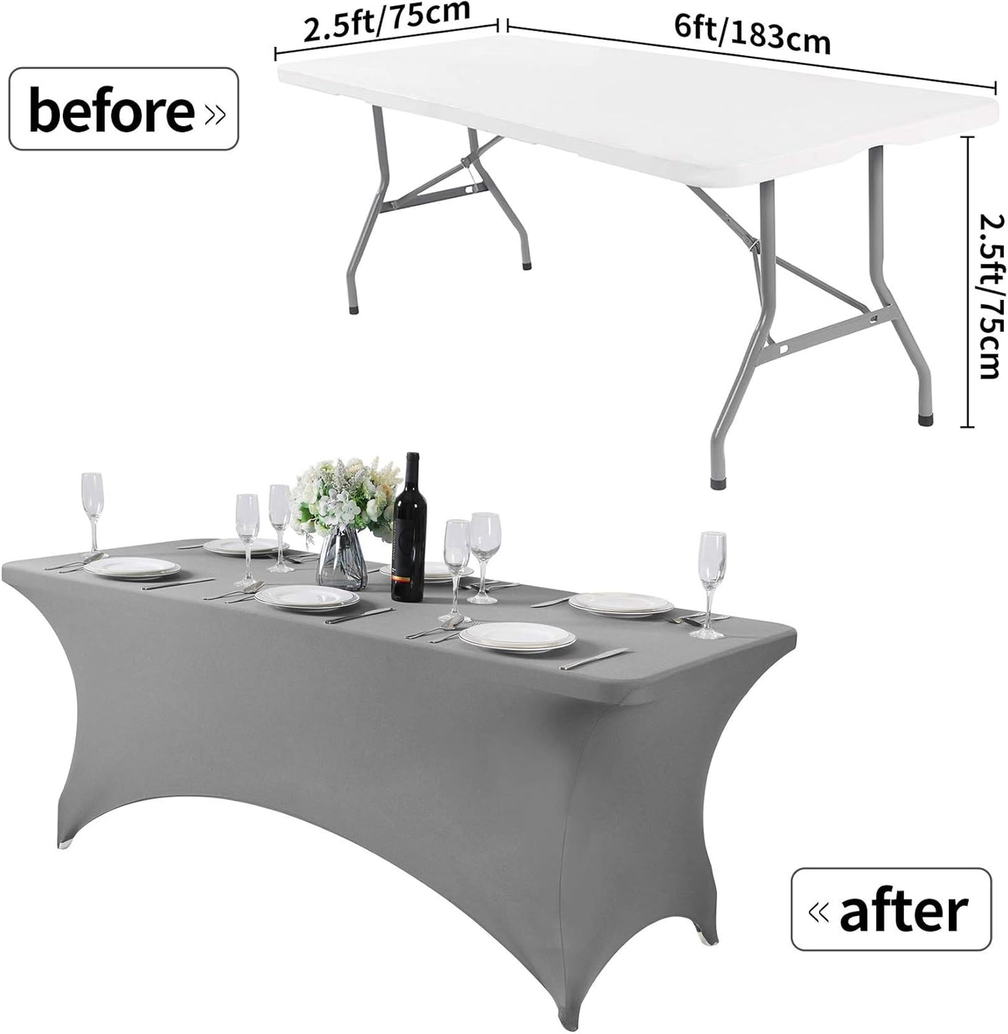 2Pack Spandex Table Cover for 6Ft or 4fT or 8ft Table Universal Fitted Stretch Tablecloth for Party, Banquet, Wedding and Events-Gray