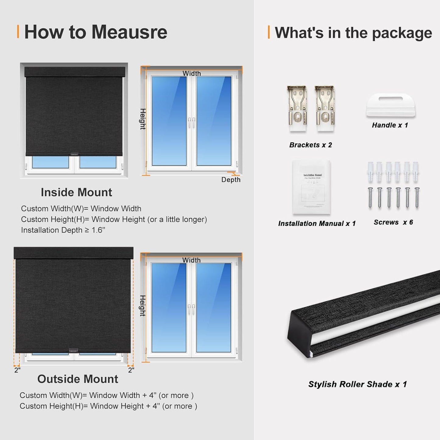 Persilux Free-Stop Cordless Blinds for Indoor Windows with Cover, Window Shades Blackout Roller Blinds, Thermal Insulated Fabric UV Protection for Kitchen, Office, Living Room, Black(16" W x 64" H)