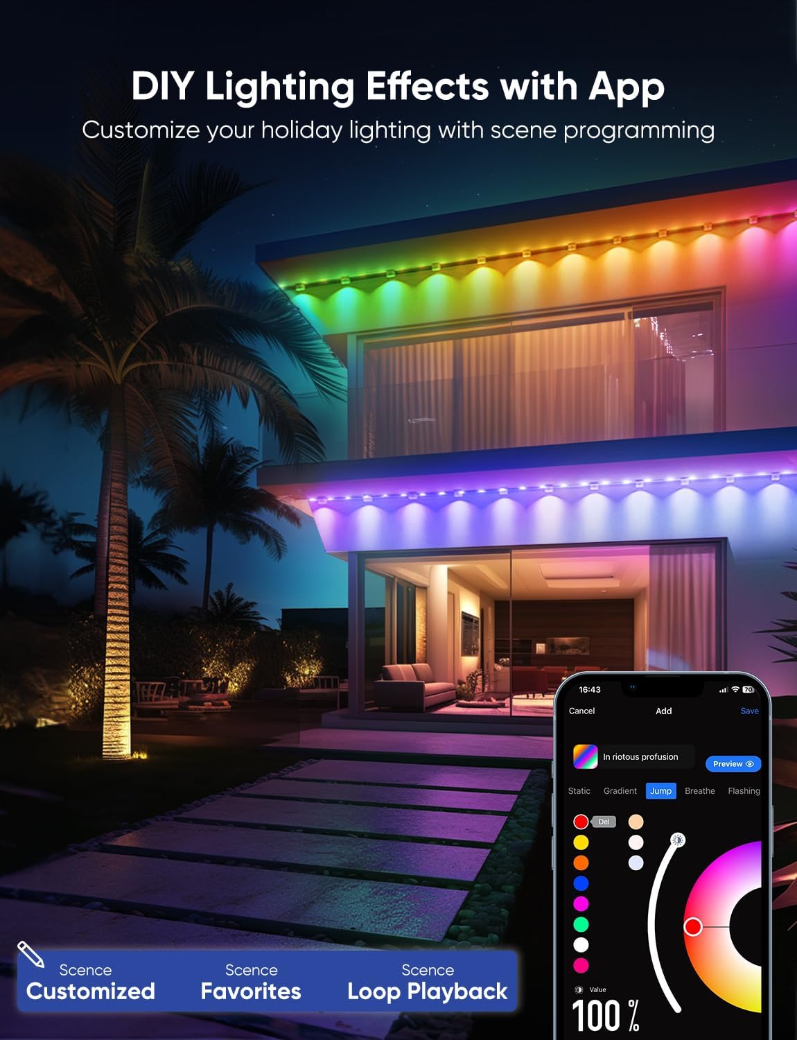 Permanent Outdoor Lights Pro 100ft, RGBCW Smart Eaves Lights with 72 LED Lights, Dual Lens, Cuttable, 111 Scene Modes, IP67 Waterproof Lighting for Holiday Decoration, Work with Alexa, Black