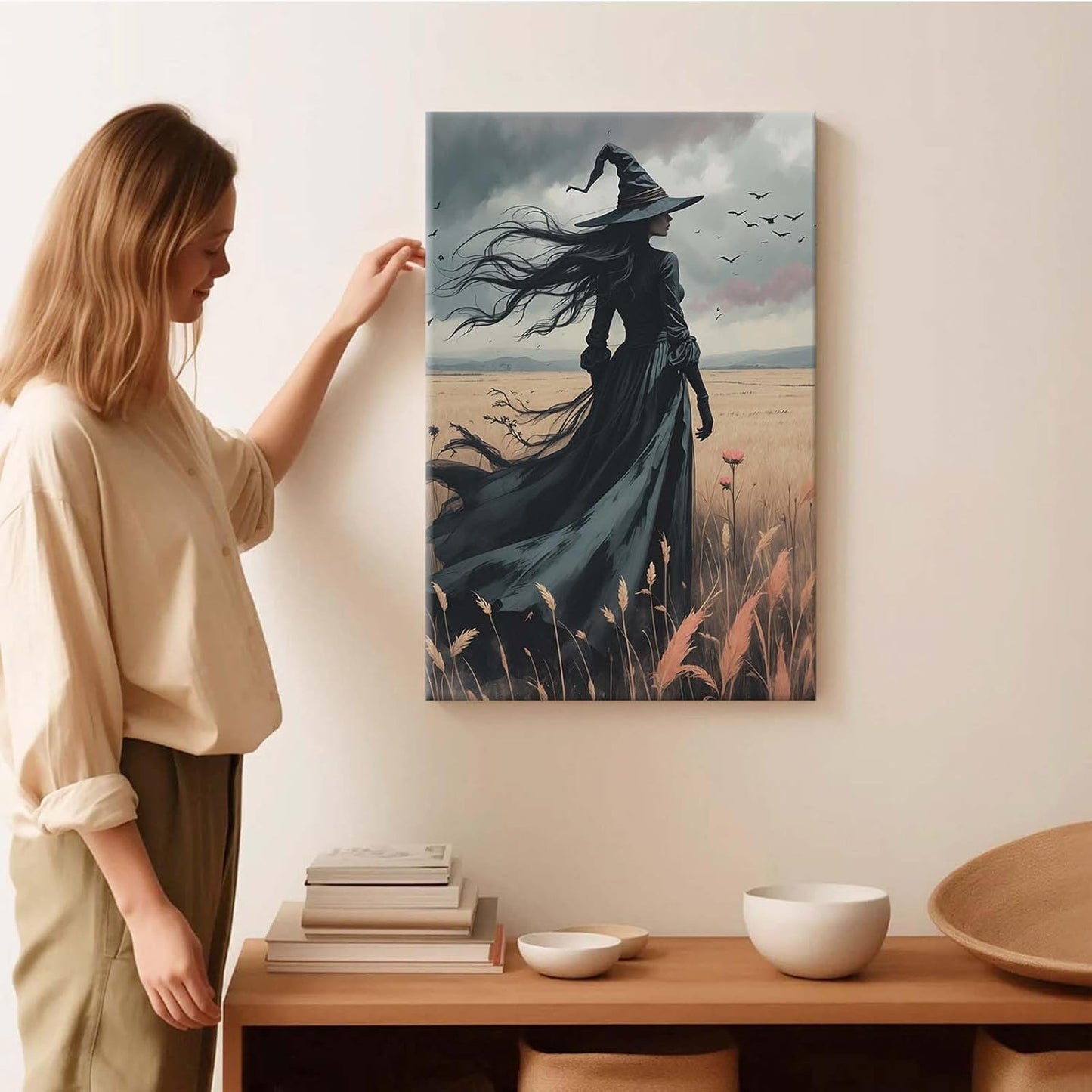 JFHCQJPK Gothic Decor Canvas Wall Art Witch in Rice Field Halloween Art Decor Print Nature Print Victorian Home Bedroom16x24in Frameless