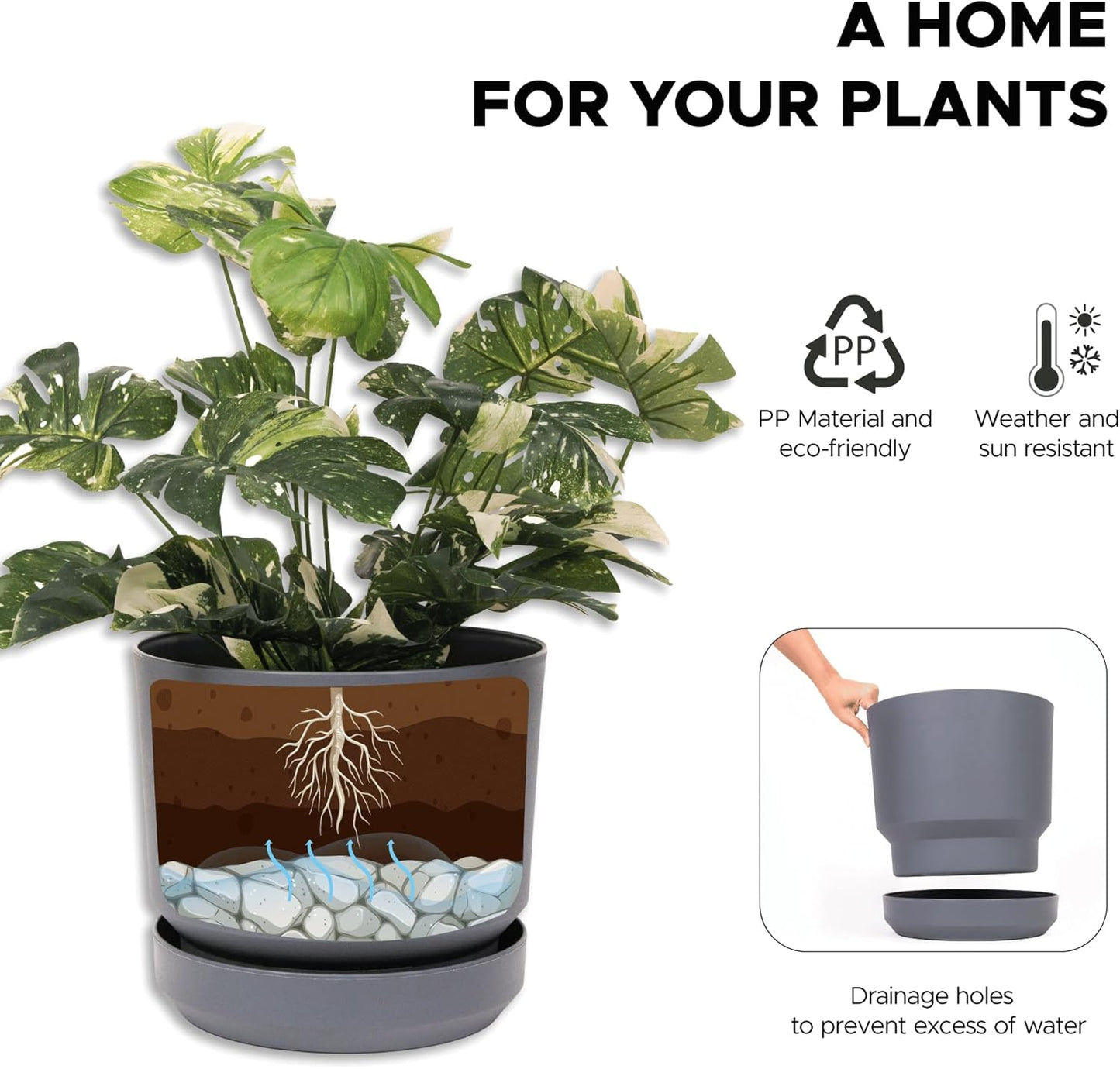 Elly Décor 10 inch Plastic Cylinder Planter Pot with Self-Watering Saucer and Drainage Hole,Lightweight & Extremely Durable, 10"x 10", Light Gray