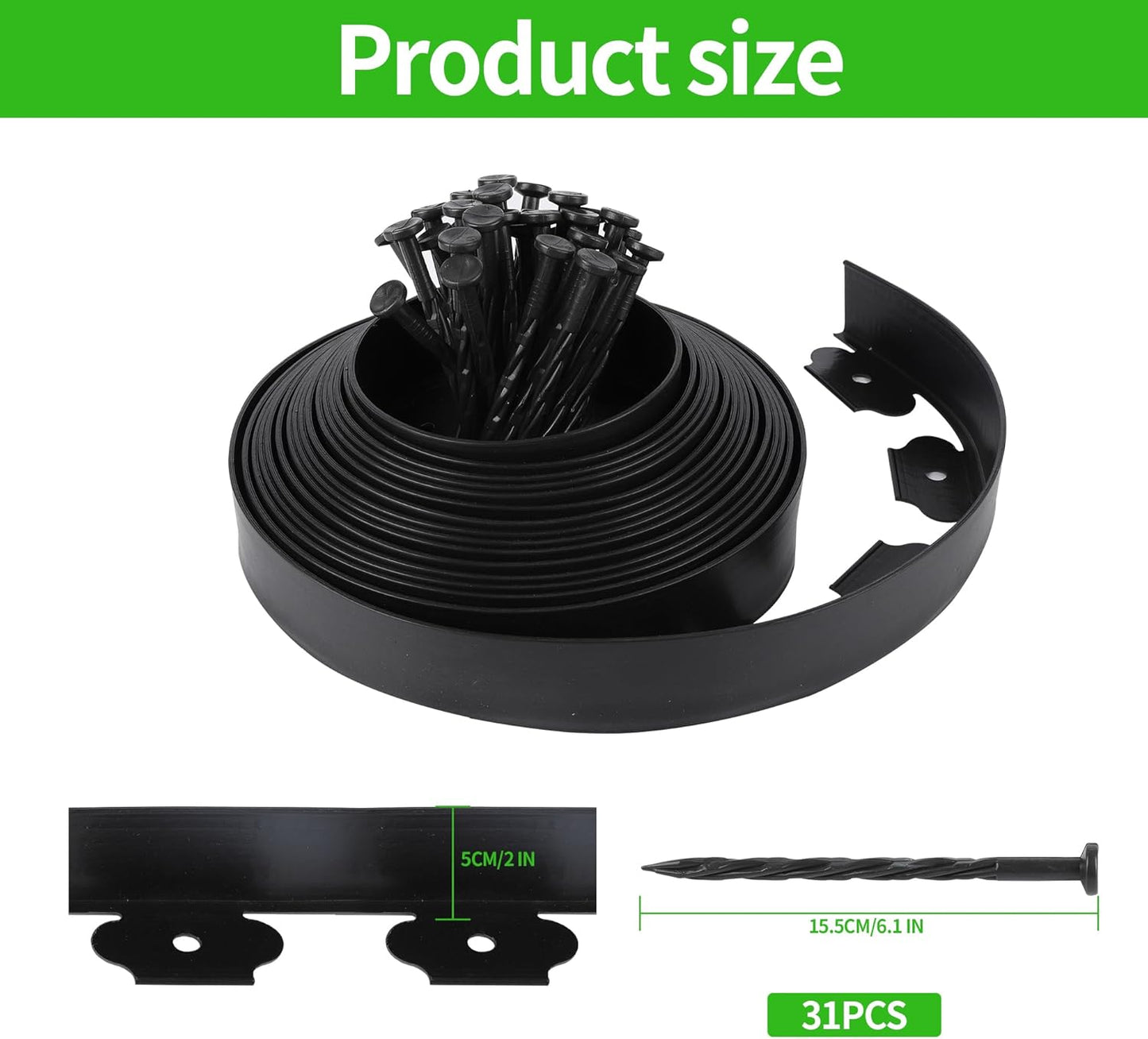 Garden Landscape Edging Border 33 FT with 30 Spikes, 2" Tall Plastic No Dig Garden Edging Roll, Flexible Lawn Edging for Landscaping Flower Beds Yard Pathway