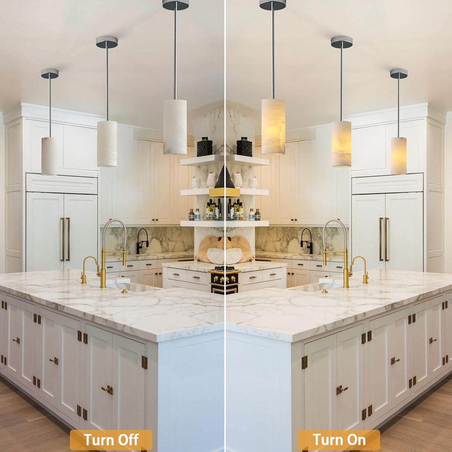 Alabaster Pendant Lights Kitchen Island, Nickel Hand Carved Alabaster Cylinder Pendent, Spanish Natural Marble Light Pendant for Bedroom Bathroom Dining Room Living Room- 3 PC