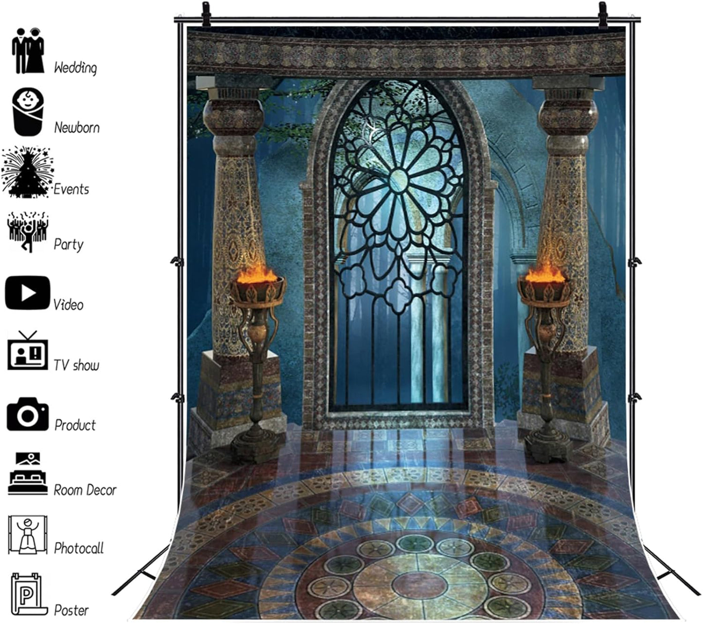 Renaiss 10x15ft Medieval Castle Backdrop for Photoshoot Portrait Pillar Torch Gothic Stone Tower Ancient Old Fortress Interior Photography Background Halloween Party Decor Wallpaper Photo Studio Props