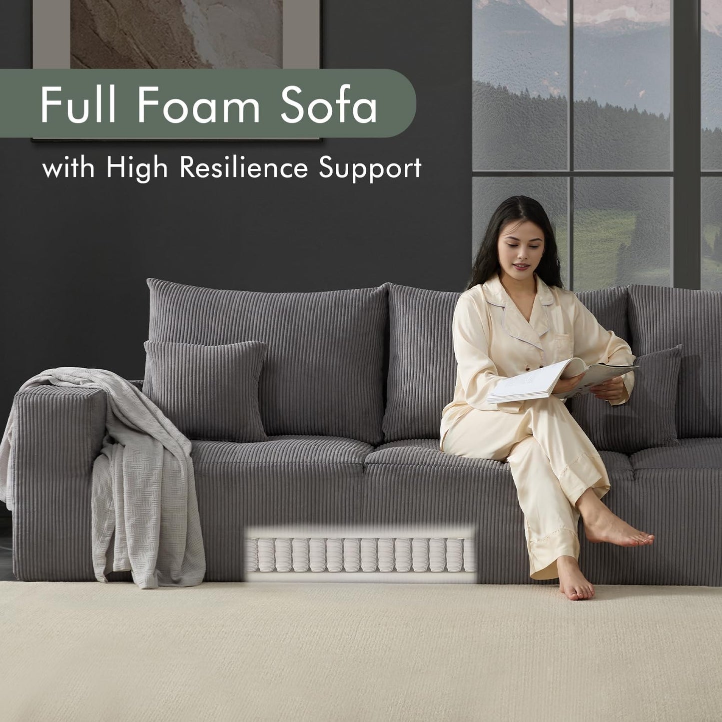 Boneless Sectional Cloud Couch Sofa Bed for Living Room, 112" Modular Modern Lounge 3 Seater Sleeper Grey Couches with Chaise, No Assemble, Cordury Compression Upholstered Sofas