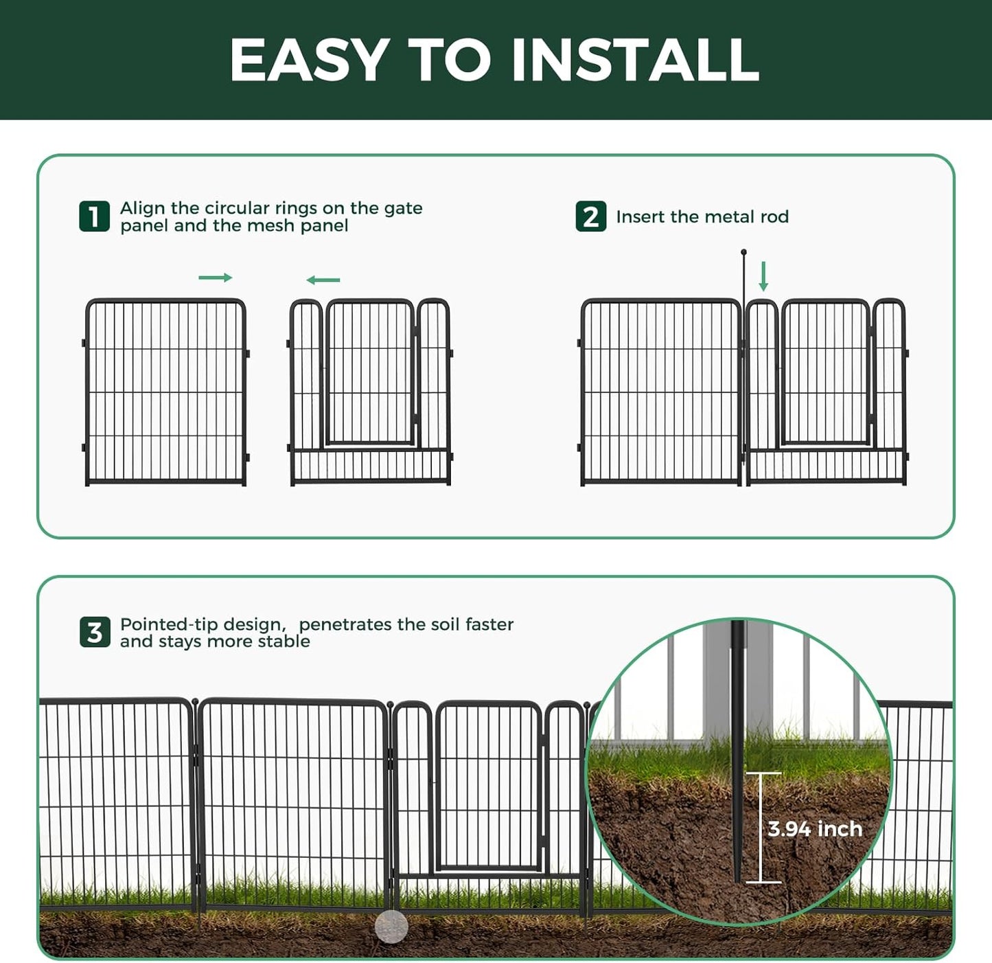 FXW Garden Fence 50in(H) x 30.1ft(L), 12 Panels Decorative Dog Fence Outdoor for The Yard – Heavy Duty Metal Animal Barrier for Dog and Rabbit, Easy Setup, Black