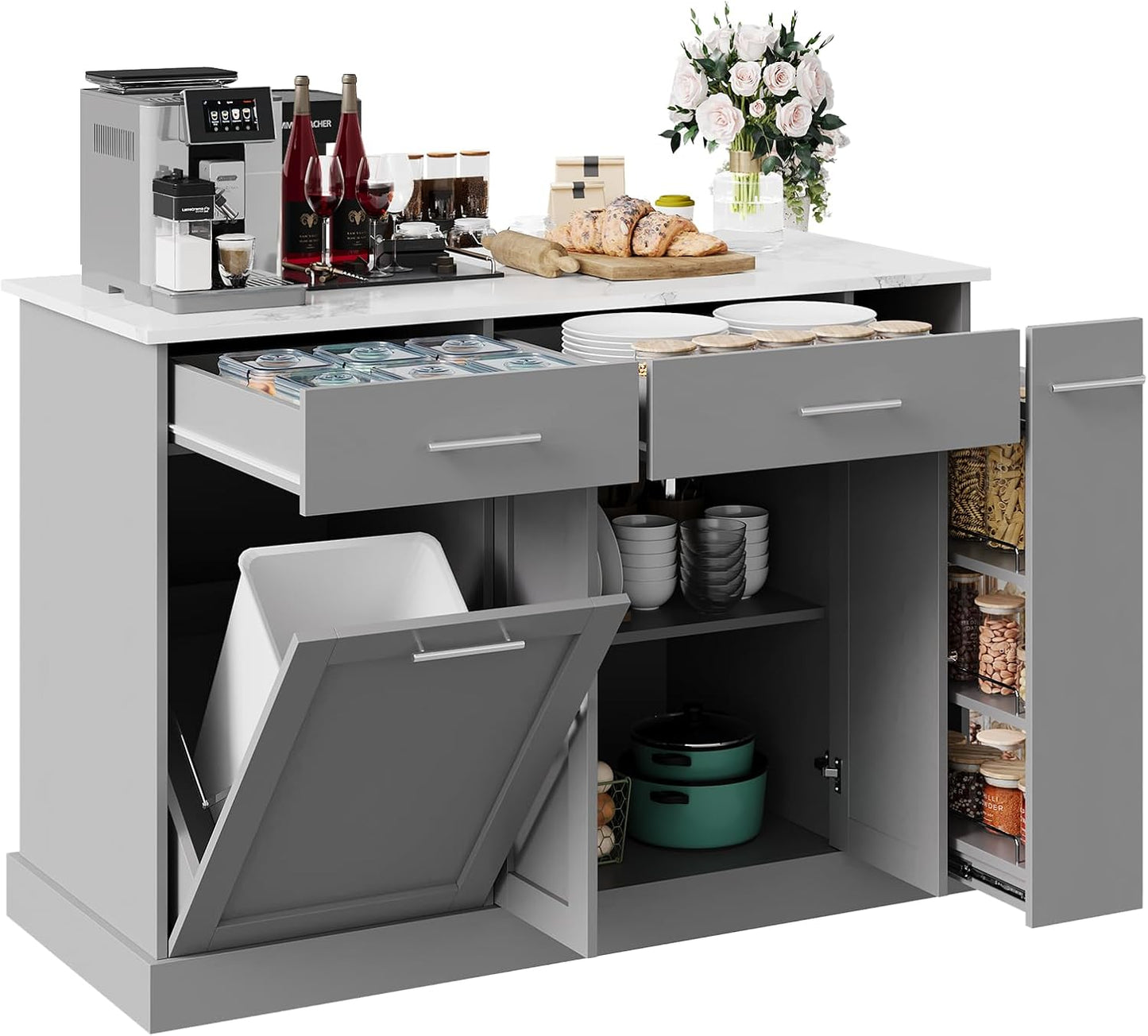 4 EVER WINNER Kitchen Island with Trash Can Storage, Kitchen Islands on Wheels with Marble Countertop, Portable Island Cart for Kitchen, Gray
