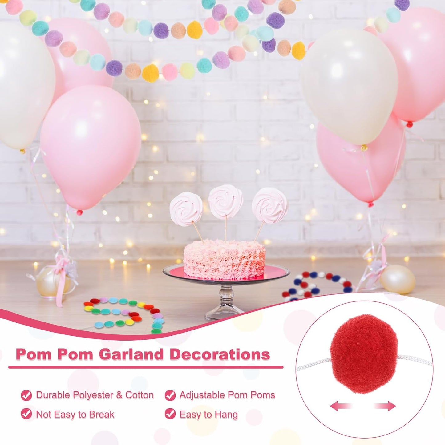 PATIKIL 13Ft Pom Pom Garland Decorations, 2Pcs Colorful Felt Ball Garland Banner Cute Rainbow Pompom Hanging Decorations for Tree Ornaments Homes Decor, Red/Green/White/Gray Green