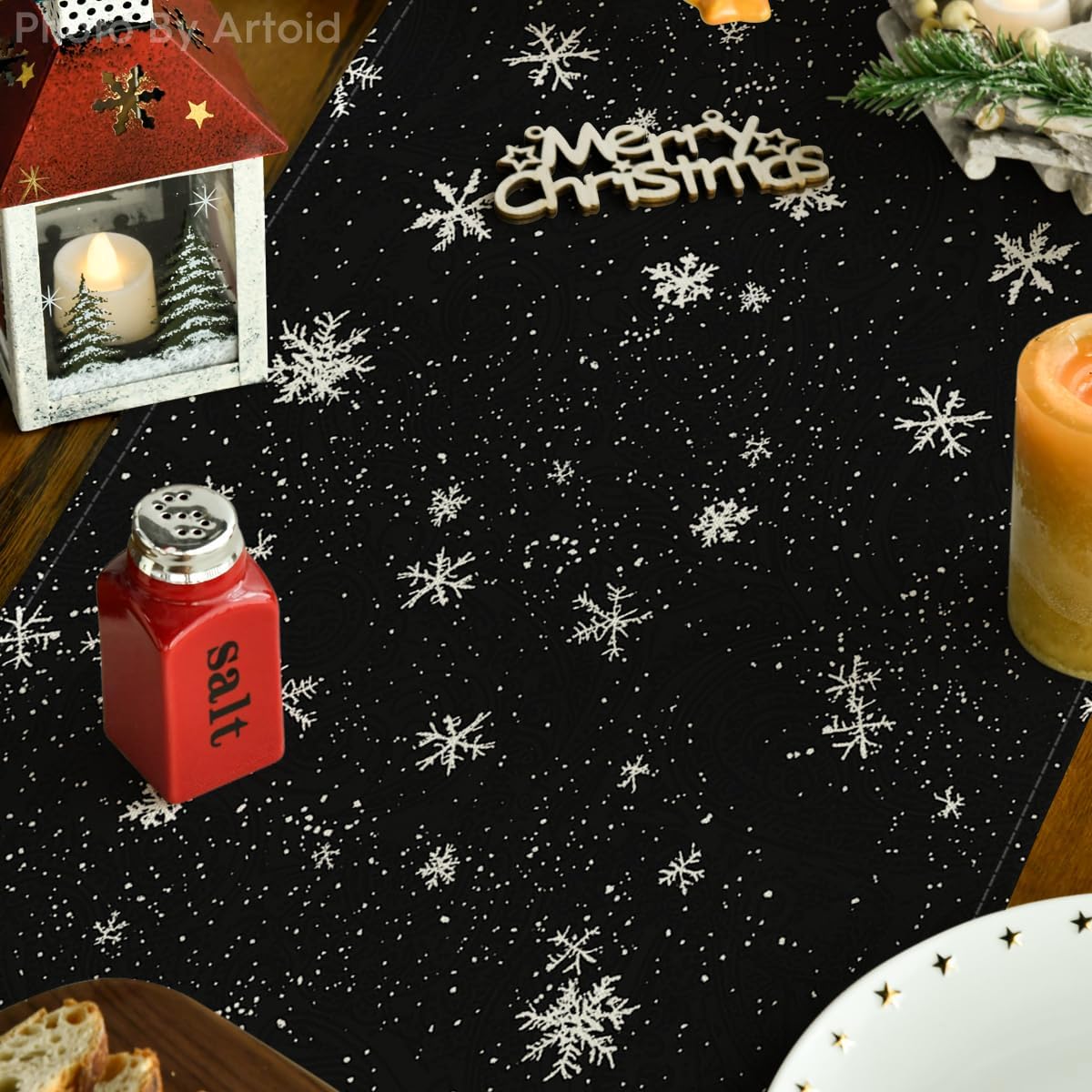 Artoid Mode Snowman Birds Trees Christmas Table Runner, Seasonal Black Winter Holiday Kitchen Dining Table Decoration for Home Party Decor 13 x 48 Inch