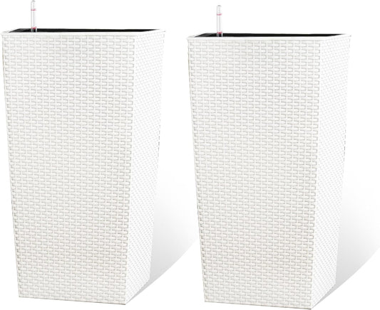 2Pcs 23in High Large Plant Pots Planter-Self-Watering,Modern Planter with Drain Holes,Water Level Monitor,Inner Bucket for Indoor/Outdoor Front Porch Patio,White Rattan