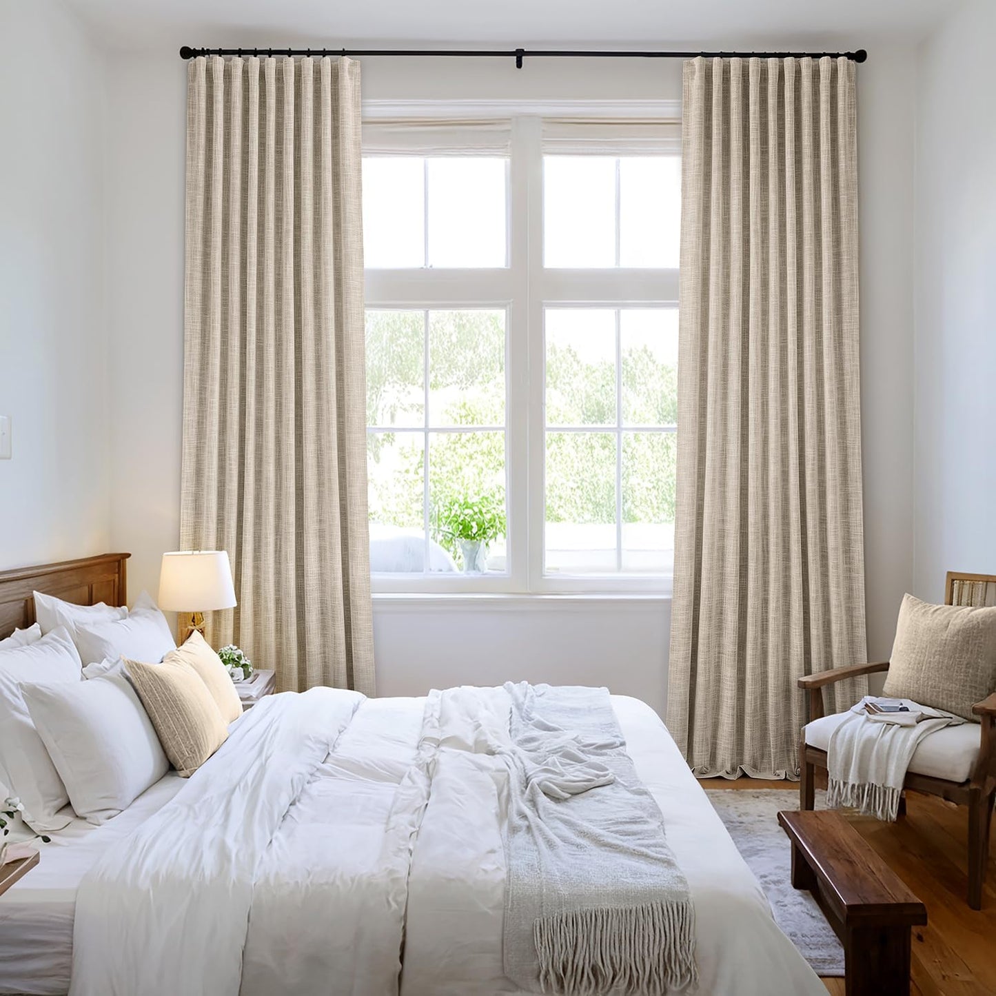 MIULEE Beige 100% Blackout Linen Curtains 120 Inch 2 Panels Set Double Sided No Coating Pinch Pleated Back Tab Black Out 10 FT Extra Long Thermal Insulated Bedroom Living Room Darkening Window Drapes