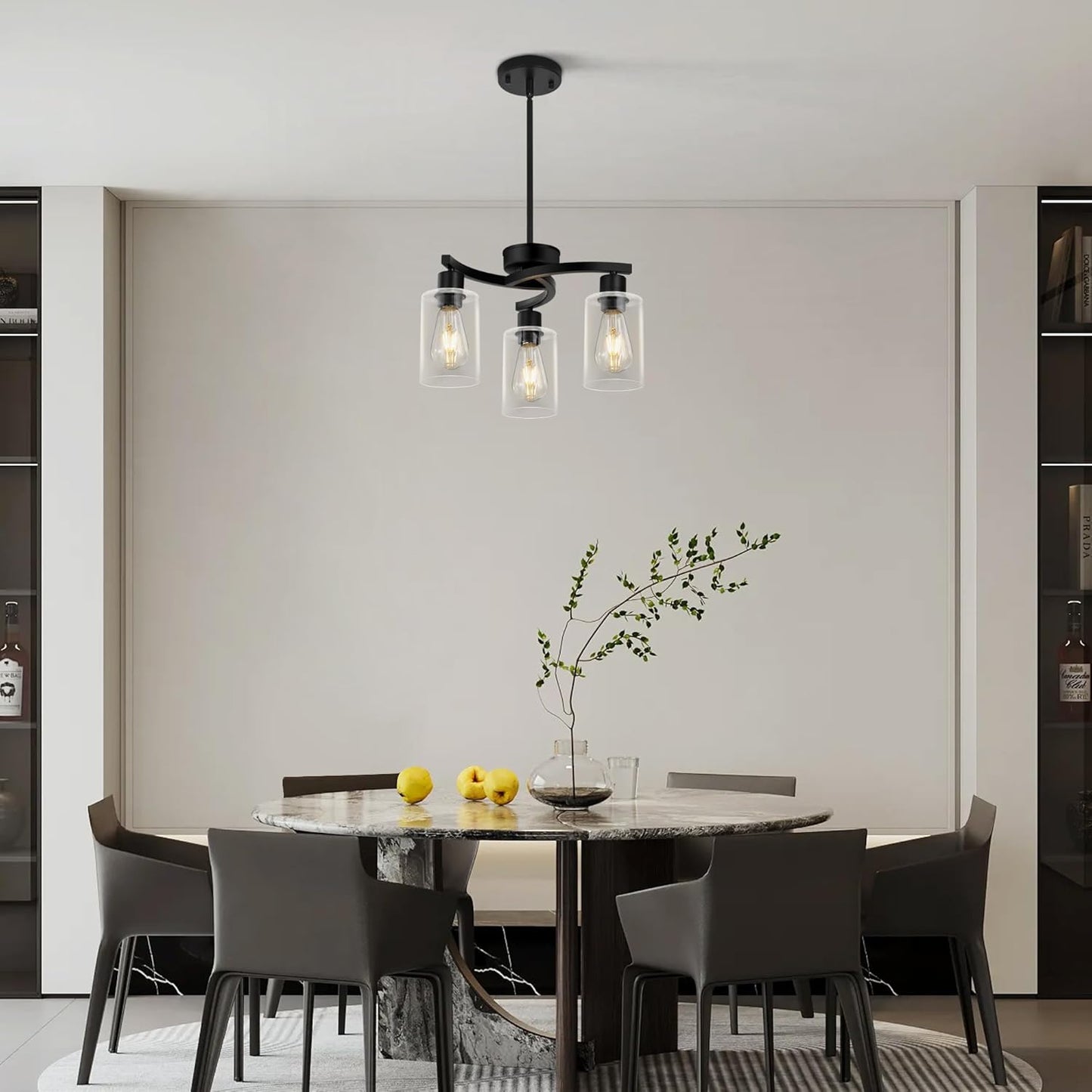 3 Light Modern Dining Chandeliers Over Table，Black Light Fixture for Dining Room，Farmhouse Chandelier with Glass Shade，Industrial Pendant Lighting for Kitchen Island，Foyer,Hallway, Bedroom