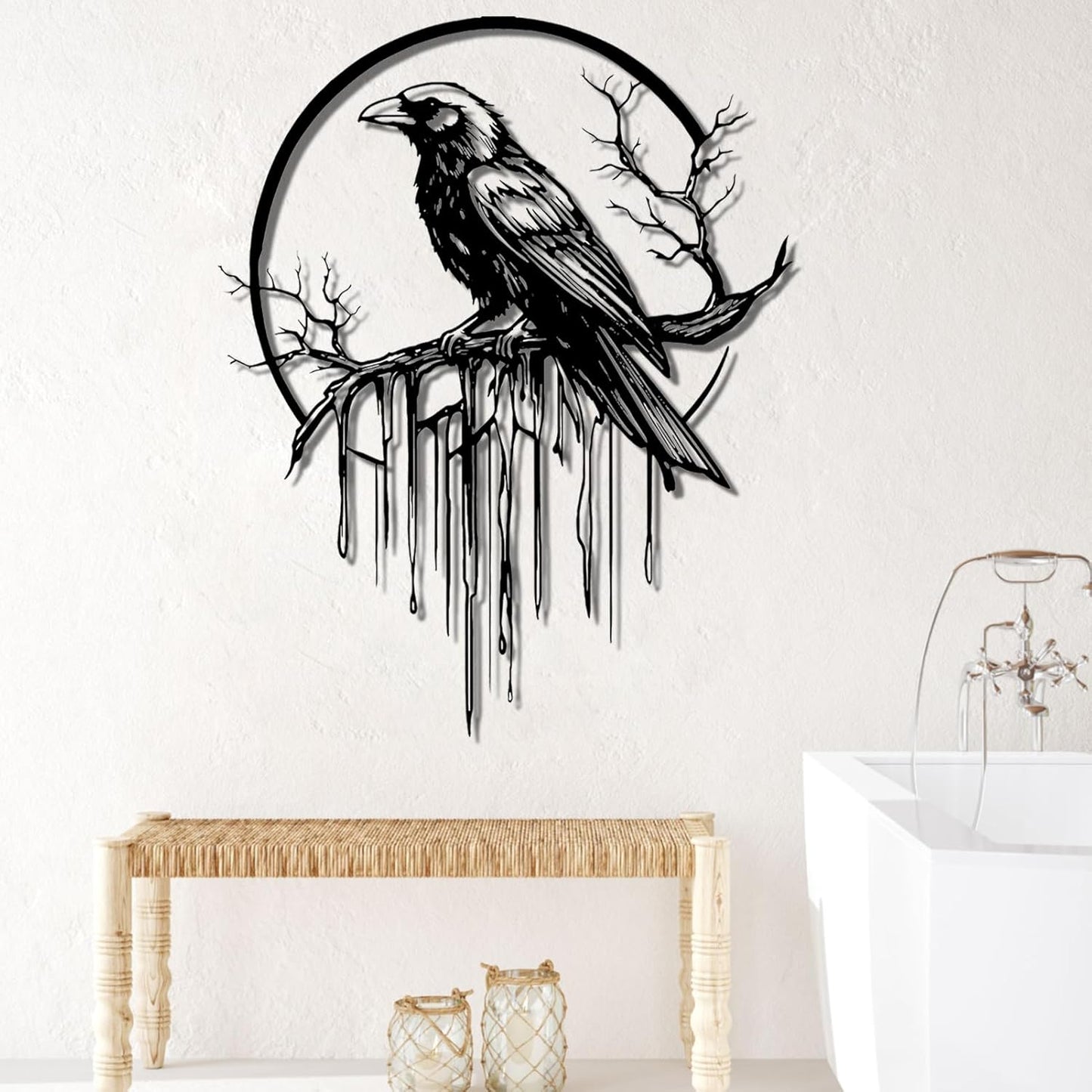 Crow Metal Wall Decor, Raven Wall Art, Large Gothic Raven Decor Hangings, Bird Wall Decor, Metal Tree Branch Decor, Ravens Sign, Raven Art for Living Room (Black, 47"x38" | 120x96cm, metal wall art)