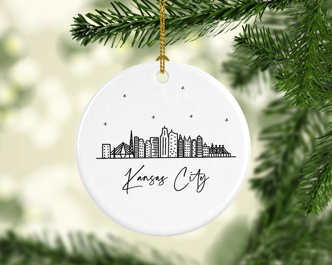 Andaz Press Round Ceramic Porcelain Christmas Tree Ornament, Kansas City Black and White Stars Skyline Graphic, 1-Pack, Birthday Family Coworker Gift, Includes Box