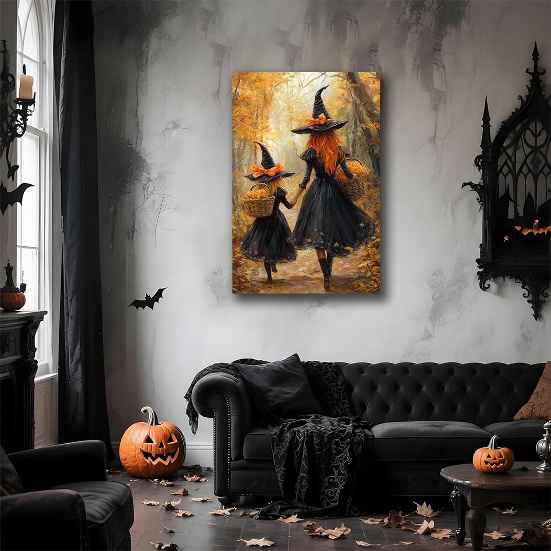 Mother Witch And Child Daughter Witch Wall Art,Halloween Autumn Woodland Forest Path Picture,Family Room Nursery Playroom Kids Room Decor,12"x18" Framed