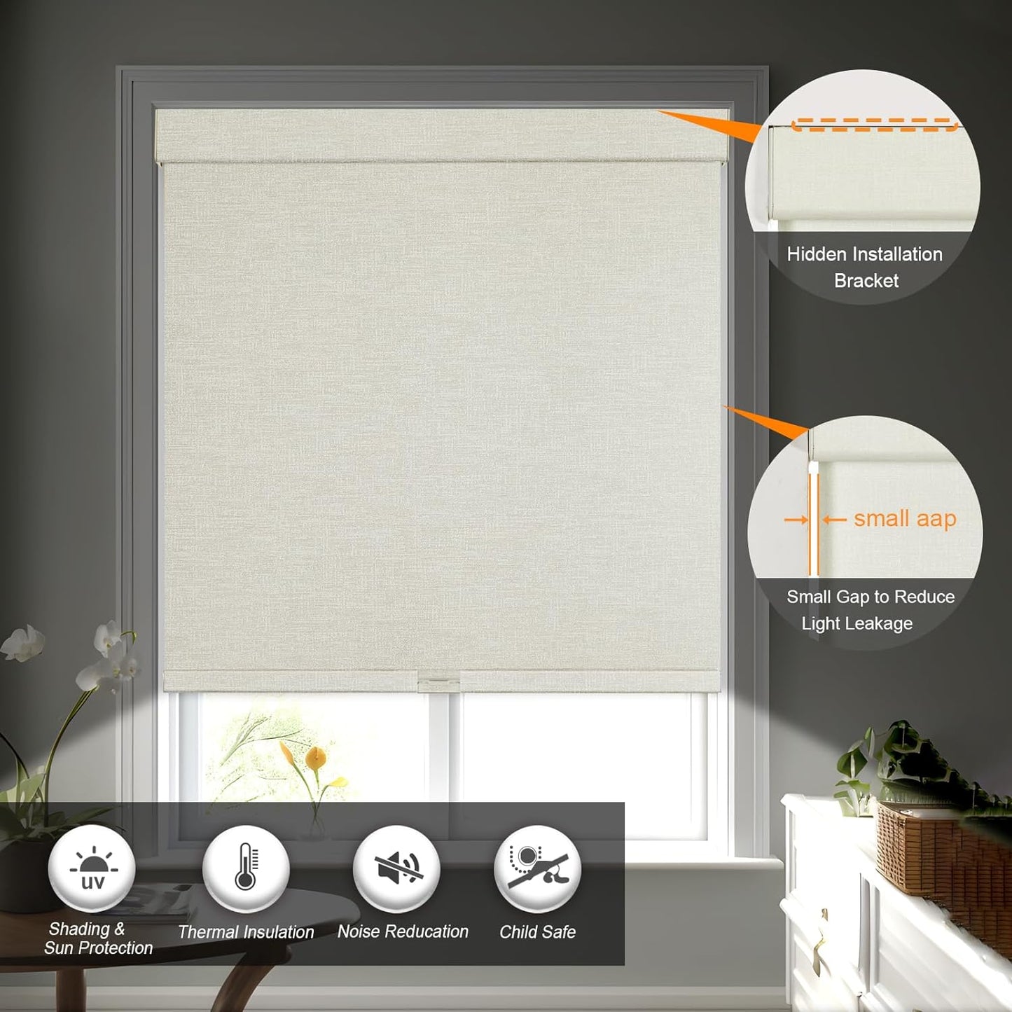 Persilux Blackout Shades for Windows Cordless Roller Blinds, Roller Windows Shades for Home with Fabric Attached Valance, UV Protections Easy Installation for Door/Office, Limestone(50" W x 64" H)