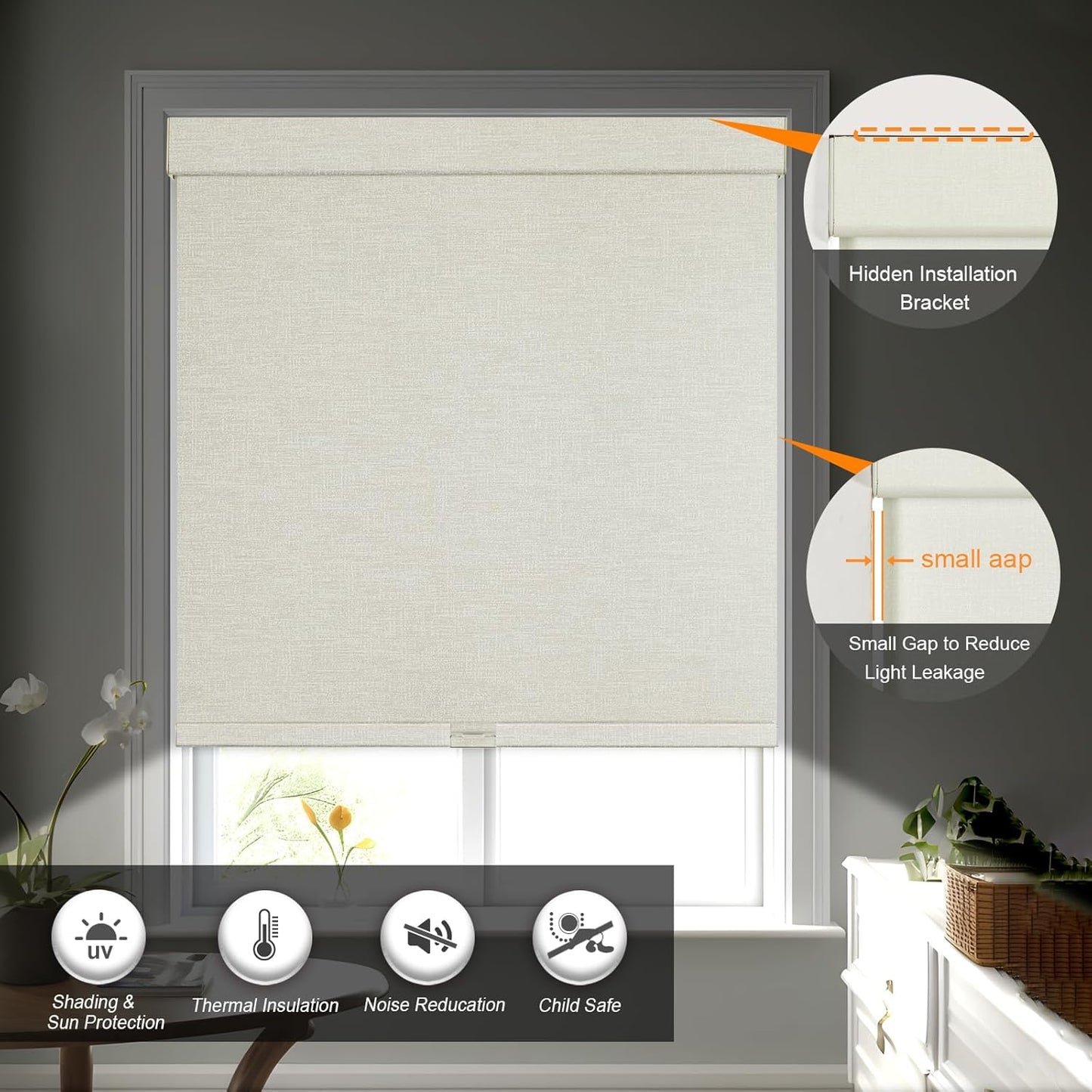Persilux Blackout Shades for Windows Cordless Roller Blinds, Roller Windows Shades for Home with Fabric Attached Valance, UV Protections Easy Installation for Door/Office, Limestone(36" W x 48" H)
