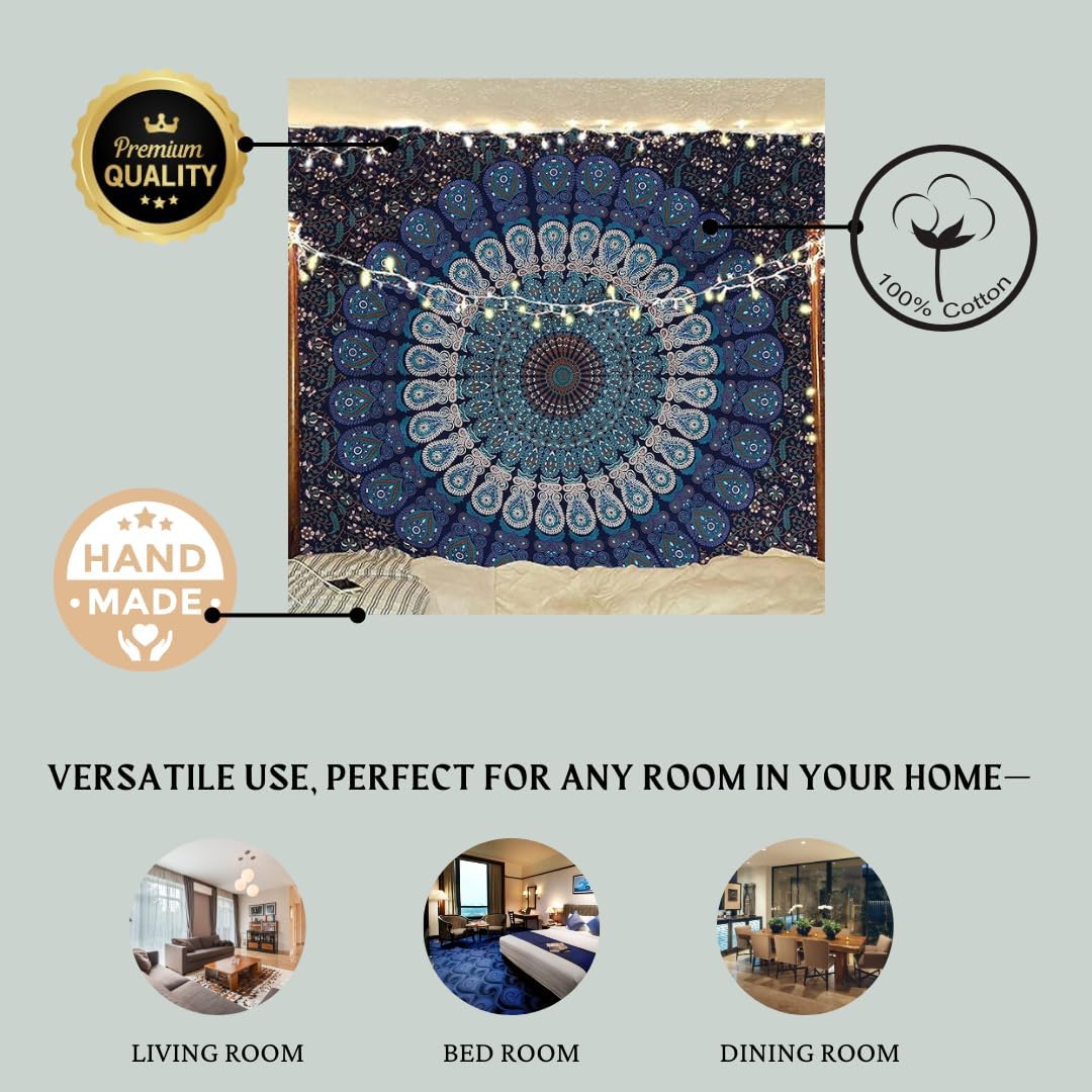 Bless International Handmade Indian hippie Bohemian Psychedelic Peacock Mandala Wall hanging College Dorm Beach Throws Table Cloth Bedding Tapestry (Blue Green, King(88x104Inches)(225x265Cms))