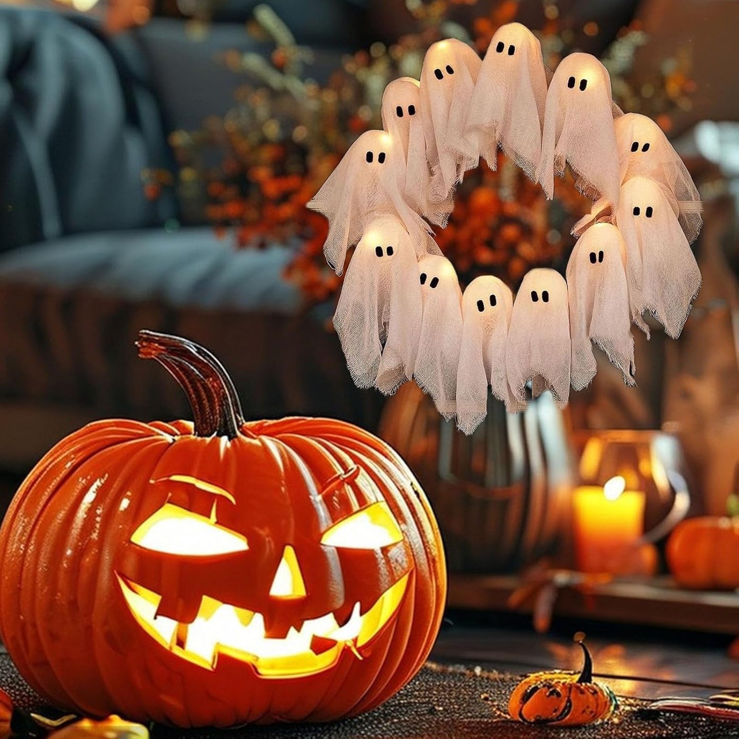 Halloween Ghost Wreath, 12 LED Light-Up White Ghost Garland, Spooky Indoor & Outdoor Hanging Decoration for Front Door, Wall, Party, Battery-Powered Halloween Decor, Holiday Spooky Garland A