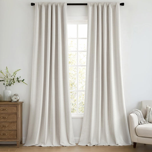 MIULEE 100% Blackout Curtains 120 Inch Long 2 Panels Set for Bedroom, Thick Faux Linen Black Out Curtain Room Darkening Back Tab Pleat Window Textured Drapes with Hooks for Living Room, Light Beige