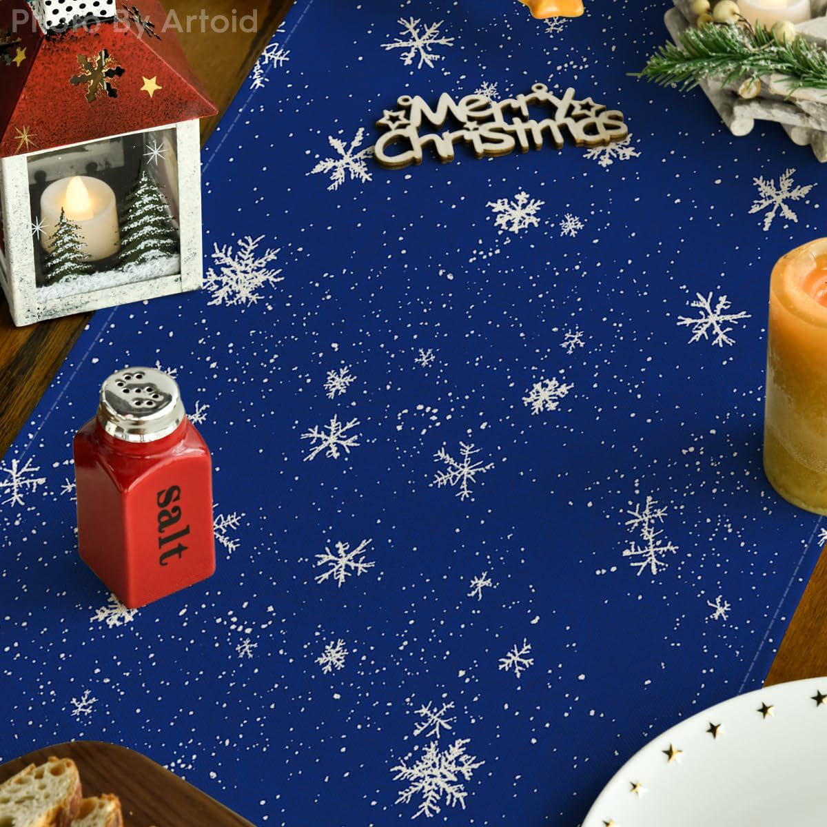 Artoid Mode Snowman Birds Trees Christmas Table Runner, Seasonal Blue Winter Holiday Kitchen Dining Table Decoration for Indoor Outdoor Home Party Decor 13 x 72 Inch