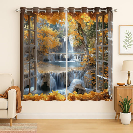 Landscape Blackout Curtains for Girls Boys Teens Home Decor, Nature 3D Autumn Fall Forest Maples Grommet Thermal Insulated Drapes Darkening Window Curtain for Bedroom Living Room, 63 x 63 Inch