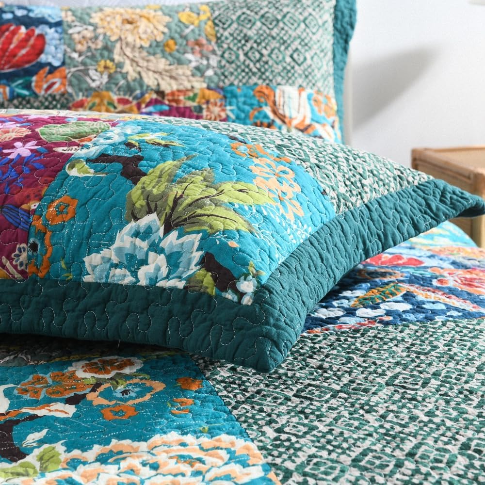 Autumn Dream Cotton Bedspread Quilt Sets Reversible Bedding Coverlet Sets Comforter, Vintage Floral Patchwork Turquoise Bedspread, Queen Size