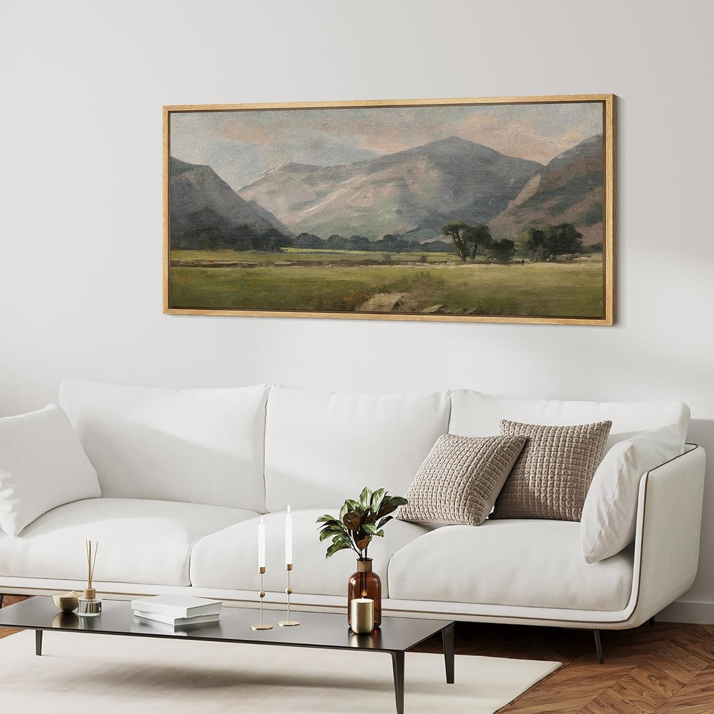 MUDECOR Extra Large Framed Canvas Print Wall Art Pastoral Beauty Classic Mountainous Landscape Illustrations Antique Retro Fine Art Illustrations Decorative Colorful for Bedroom - 60"x30"