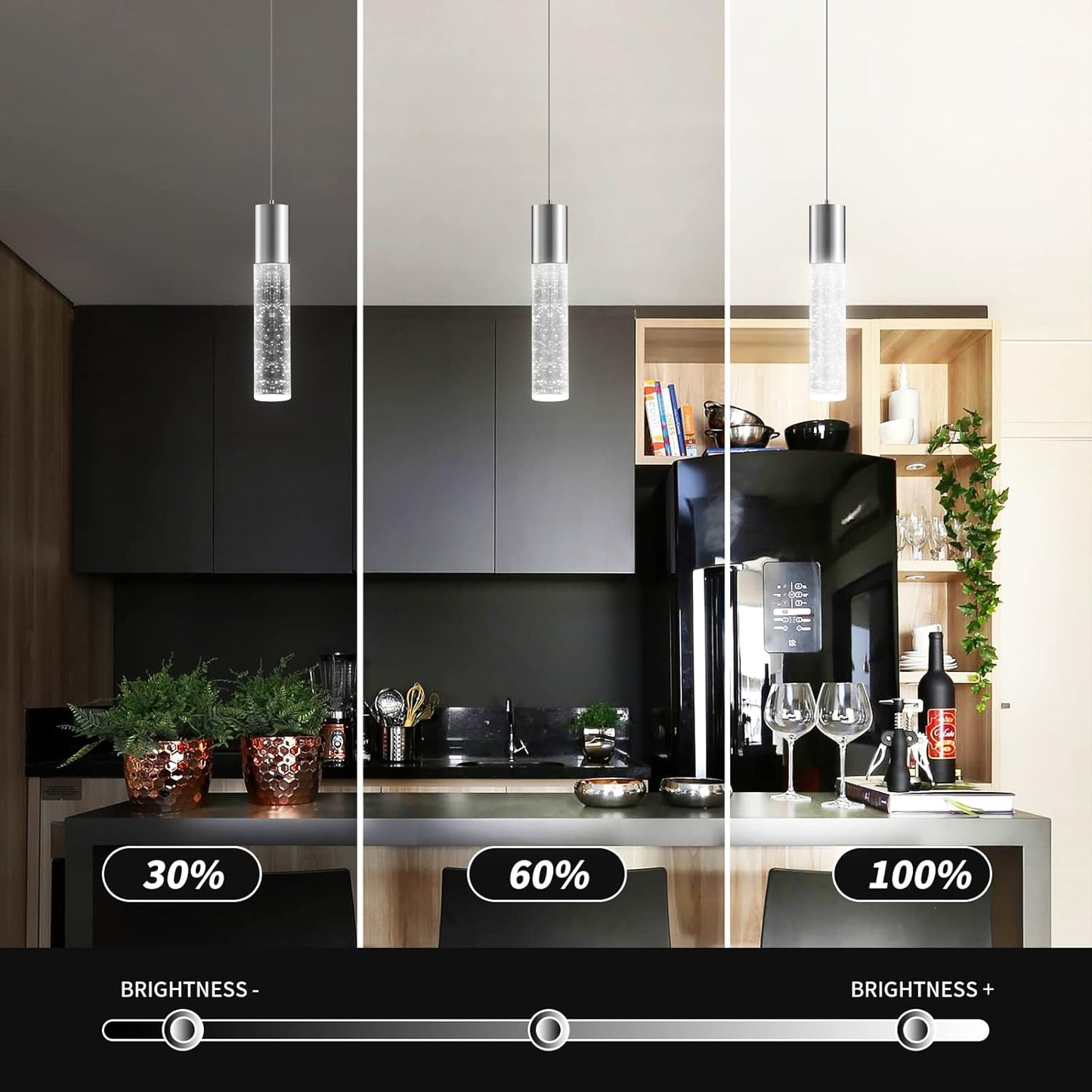OKELI Modern Pendant Lights,LED Bubble Crystal Kitchen Island Light Fixtures,Chrome Mini Single Pendant Lighting for Kitchen Island,Bar,6W,6000K,ETL,3Pack