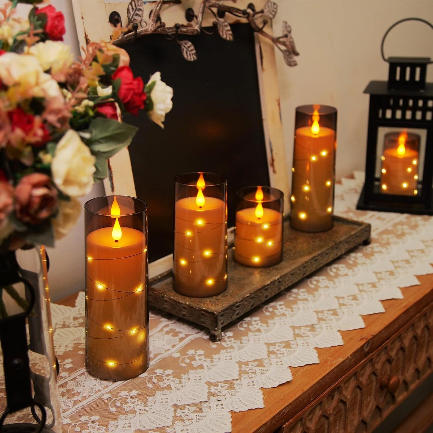Homemory Flameless Candles with Embedded Star String Fairy Lights, Battery Operated Candles, LED Candle, Fake Candles with Remote Control and Timer for Halloween, Gray Acrylic, Set of 5(H4"5"6"8"8")