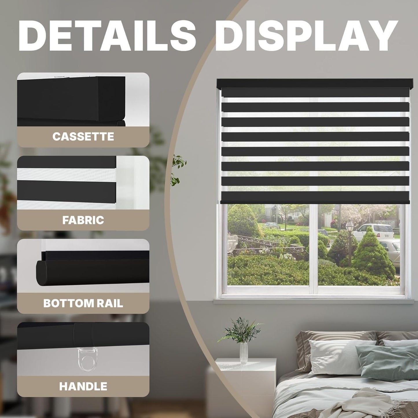 HESTIA Cordless Zebra Blinds Light Filtering Roller Shades UV Blocking Blackout Privacy Indoor Window Shades for Home Office Day and Night, Black,34" W x 54" H