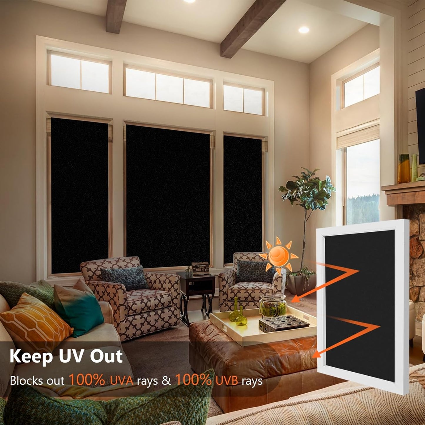 Kromapolis Blackout Window Privacy Film Total Light Blocking Room Darkening Window Covering, Removable Static Cling Frosted Glass Tint, Non-Adhesive, Black 45.2'' x 157.4''