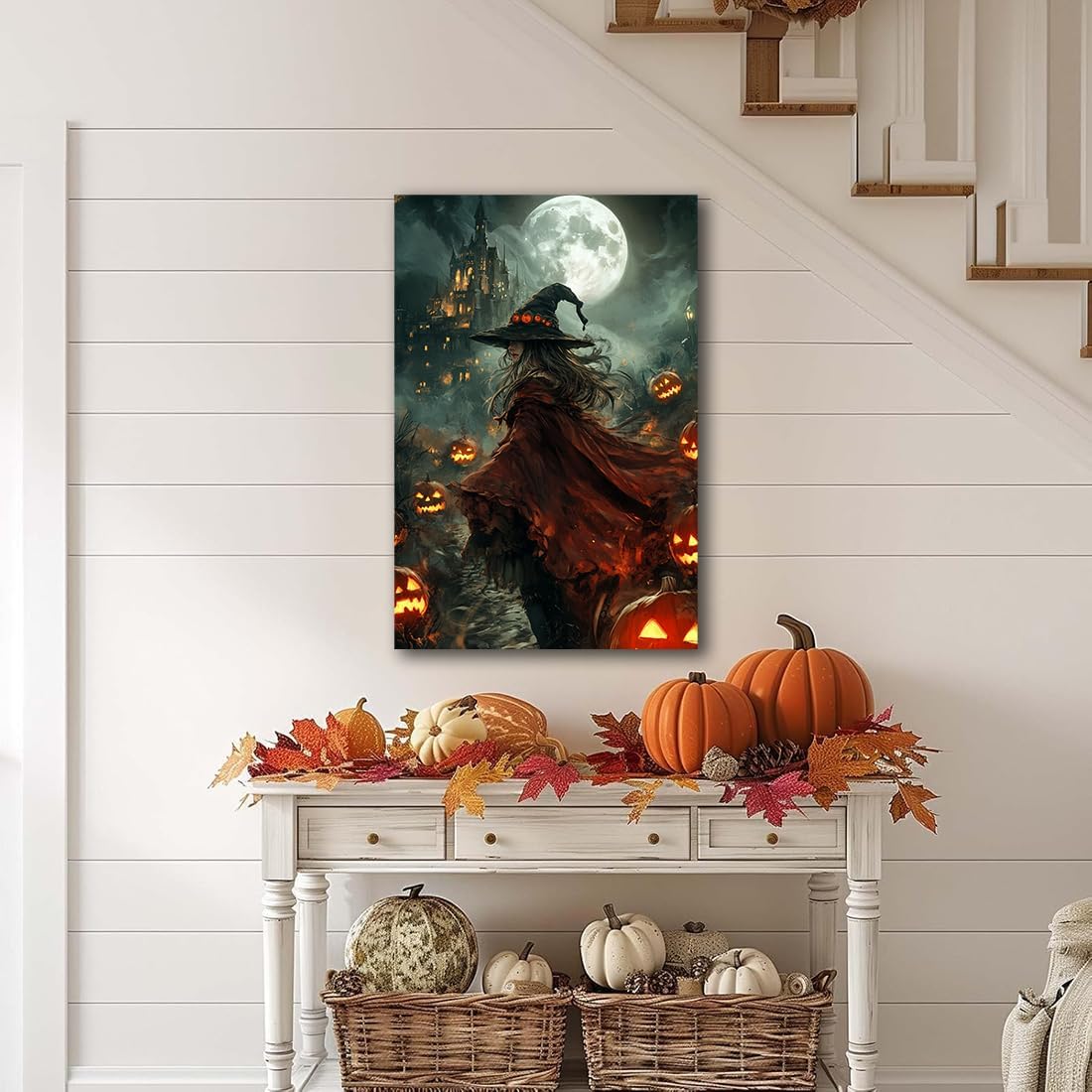 Dark and Moody Gothic Witch Poster Wall Art,Vintage Rustic Witch in Cloak with Castle Pumpkin Road Dark Gothic Poster,Goth Spooky Season Halloween Prints for Fantasy Office,16"x24" Framed